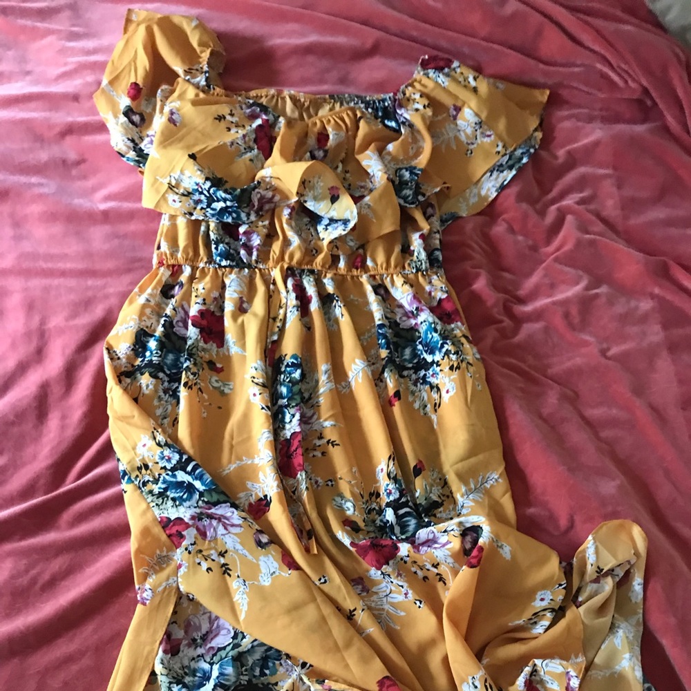 Yellow floral maxi strapless dress